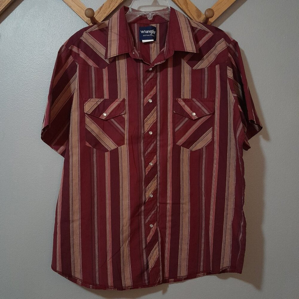 Wranglers Western Shirt Short Sleeve Pearl Snaps Red Maroon Tan Stripe XL